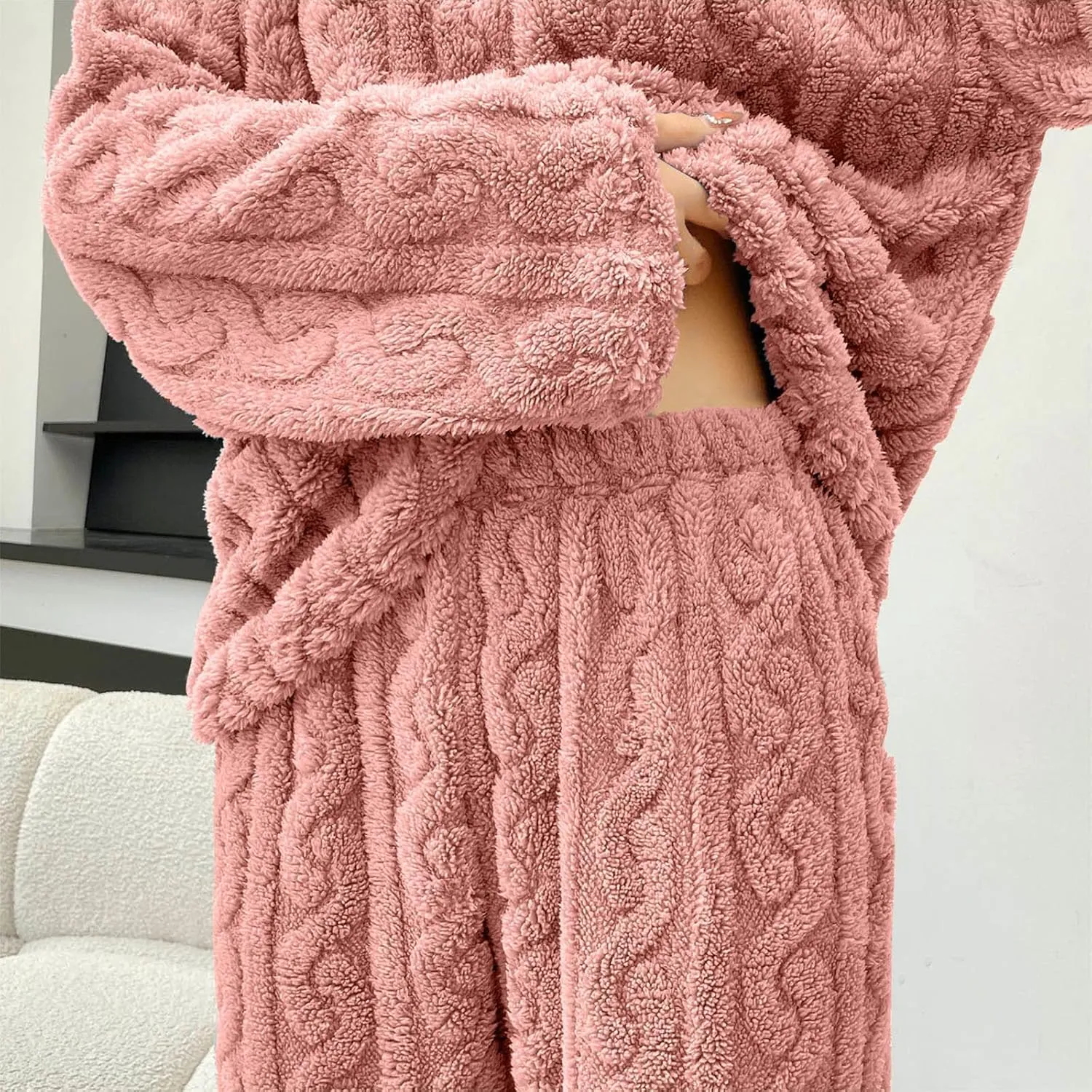 Womens Fuzzy Cute Pajamas Sets Warm Fleece Lounge Set Fluffy Pj Ladies 2 Piece Winter Cozy Pjs Set Plush Sleepwear