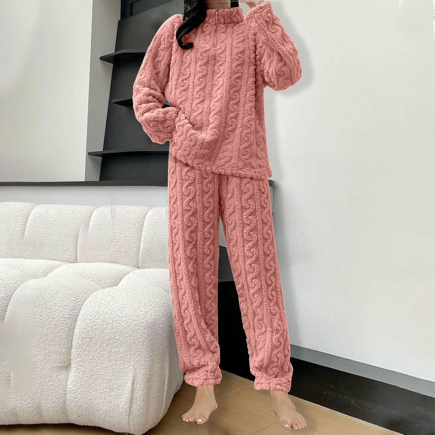 Womens Fuzzy Cute Pajamas Sets Warm Fleece Lounge Set Fluffy Pj Ladies 2 Piece Winter Cozy Pjs Set Plush Sleepwear