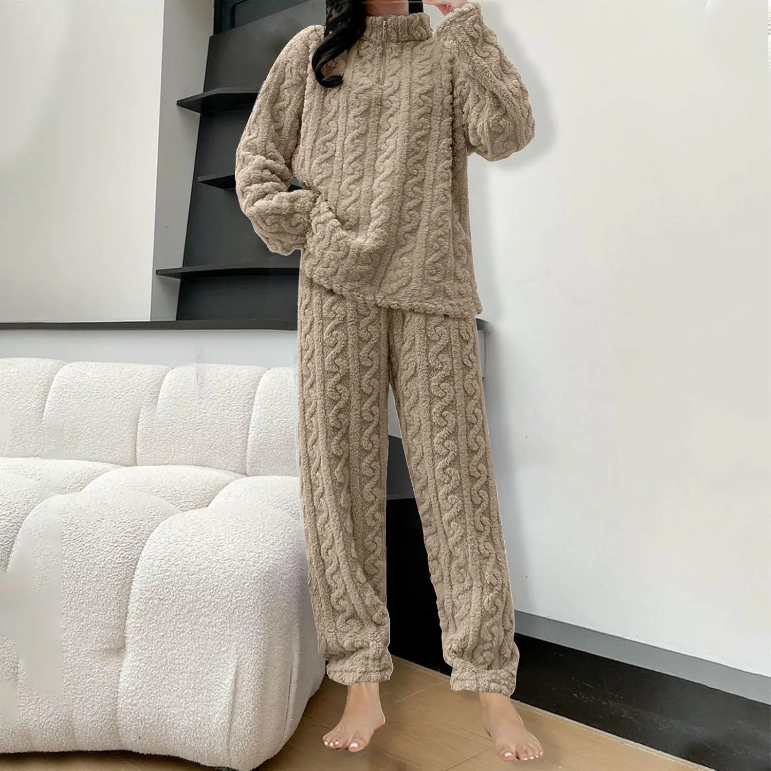 Womens Fuzzy Cute Pajamas Sets Warm Fleece Lounge Set Fluffy Pj Ladies 2 Piece Winter Cozy Pjs Set Plush Sleepwear