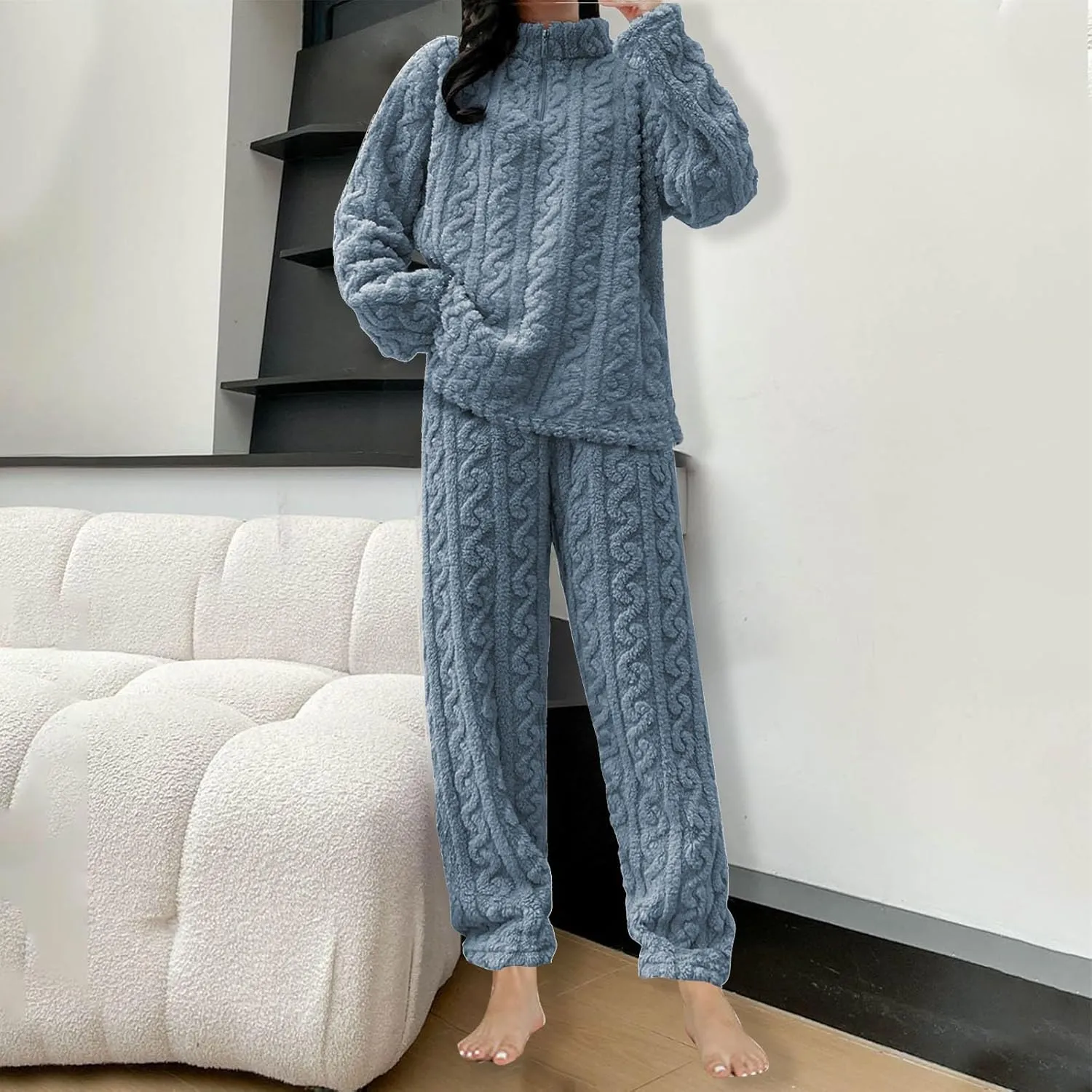 Womens Fuzzy Cute Pajamas Sets Warm Fleece Lounge Set Fluffy Pj Ladies 2 Piece Winter Cozy Pjs Set Plush Sleepwear