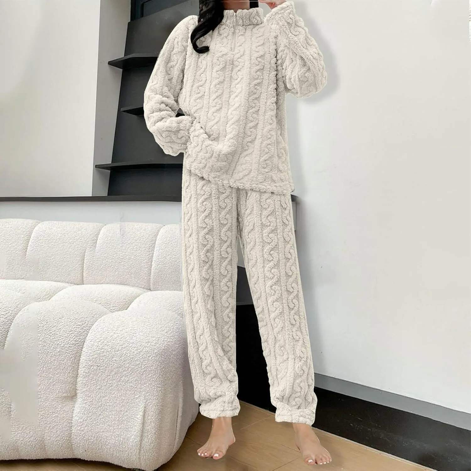 Womens Fuzzy Cute Pajamas Sets Warm Fleece Lounge Set Fluffy Pj Ladies 2 Piece Winter Cozy Pjs Set Plush Sleepwear