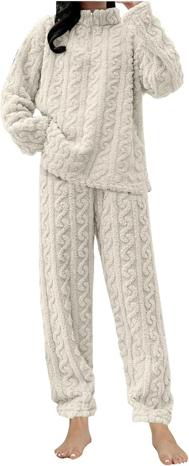 Womens Fuzzy Cute Pajamas Sets Warm Fleece Lounge Set Fluffy Pj Ladies 2 Piece Winter Cozy Pjs Set Plush Sleepwear