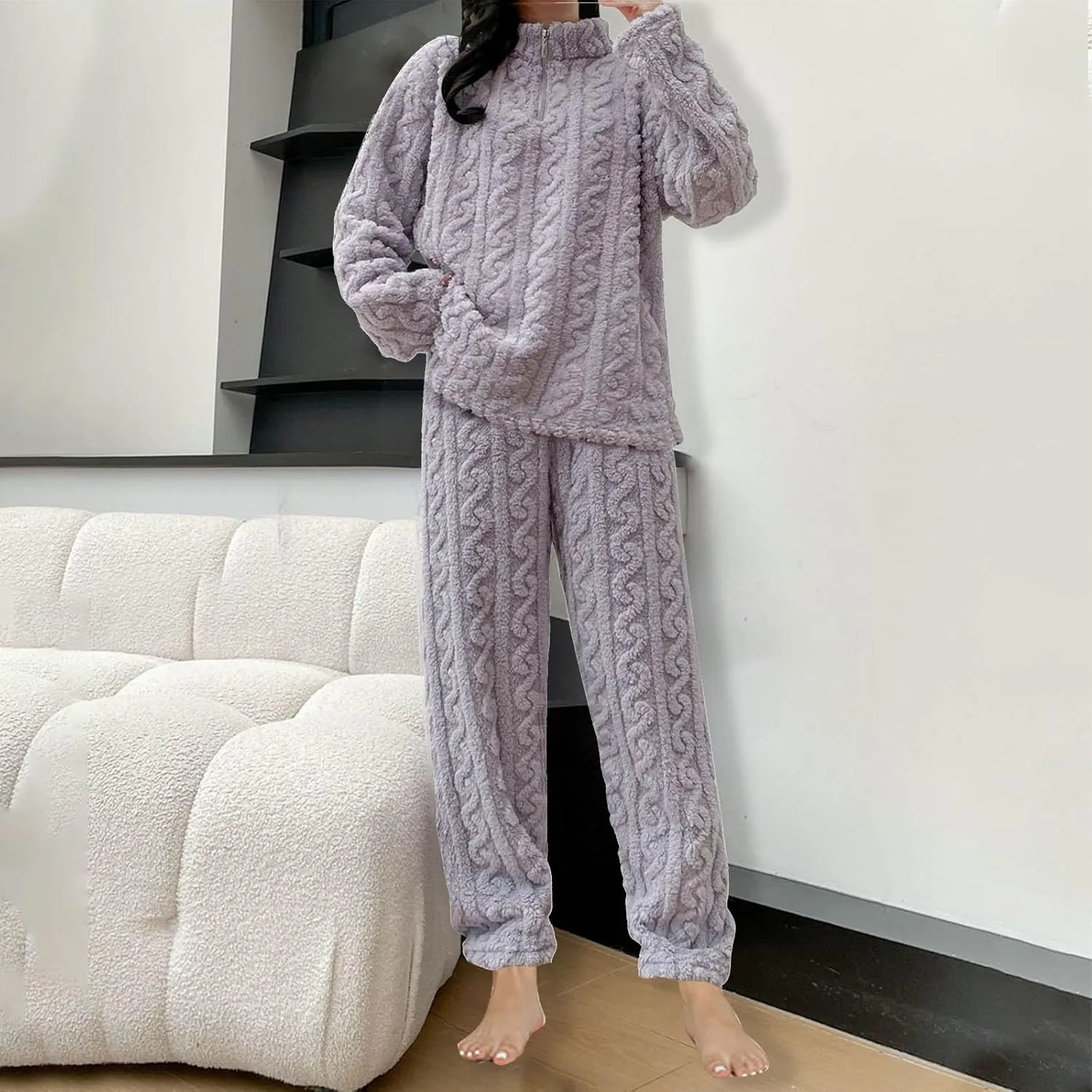 Womens Fuzzy Cute Pajamas Sets Warm Fleece Lounge Set Fluffy Pj Ladies 2 Piece Winter Cozy Pjs Set Plush Sleepwear