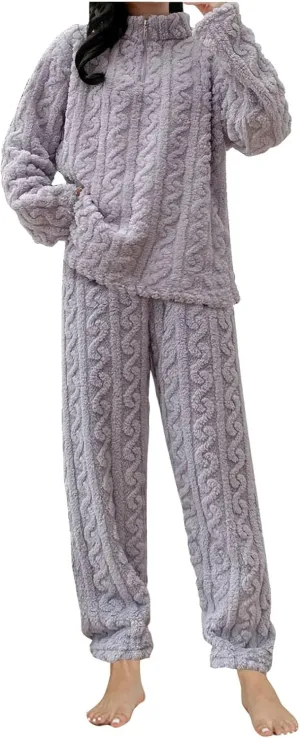 Womens Fuzzy Cute Pajamas Sets Warm Fleece Lounge Set Fluffy Pj Ladies 2 Piece Winter Cozy Pjs Set Plush Sleepwear