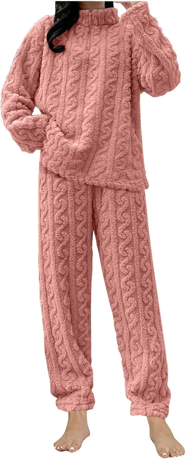 Womens Fuzzy Cute Pajamas Sets Warm Fleece Lounge Set Fluffy Pj Ladies 2 Piece Winter Cozy Pjs Set Plush Sleepwear