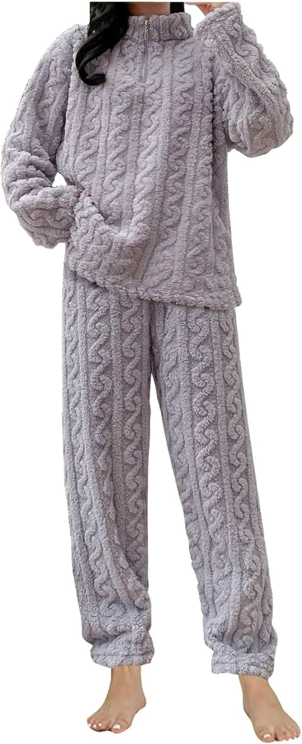Womens Fuzzy Cute Pajamas Sets Warm Fleece Lounge Set Fluffy Pj Ladies 2 Piece Winter Cozy Pjs Set Plush Sleepwear