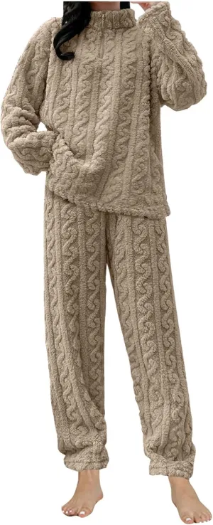 Womens Fuzzy Cute Pajamas Sets Warm Fleece Lounge Set Fluffy Pj Ladies 2 Piece Winter Cozy Pjs Set Plush Sleepwear