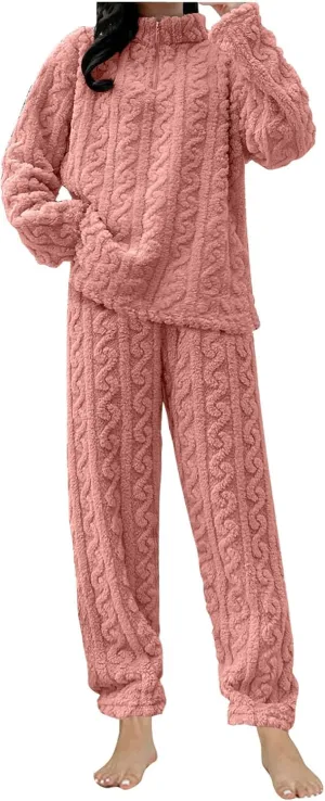 Womens Fuzzy Cute Pajamas Sets Warm Fleece Lounge Set Fluffy Pj Ladies 2 Piece Winter Cozy Pjs Set Plush Sleepwear