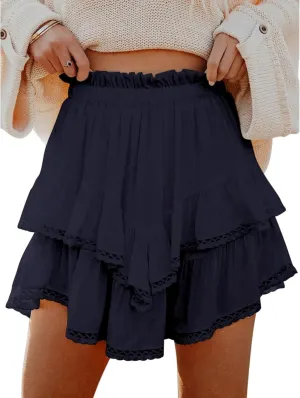 Womens High Waist Ruffle Flowy Mini Skirts Boho Ruffled Tiered Skorts Smocked Waist A Line Short Skirt