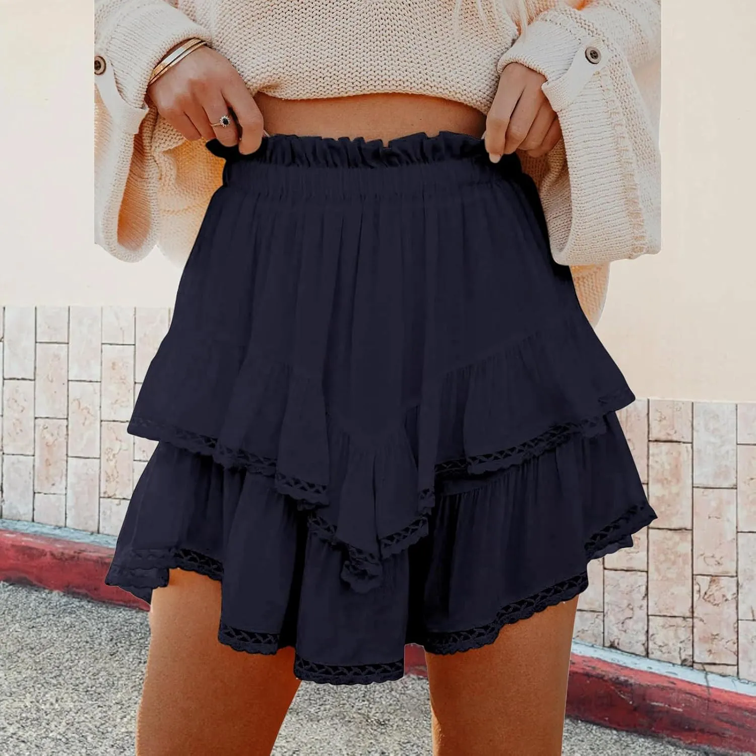 Womens High Waist Ruffle Flowy Mini Skirts Boho Ruffled Tiered Skorts Smocked Waist A Line Short Skirt