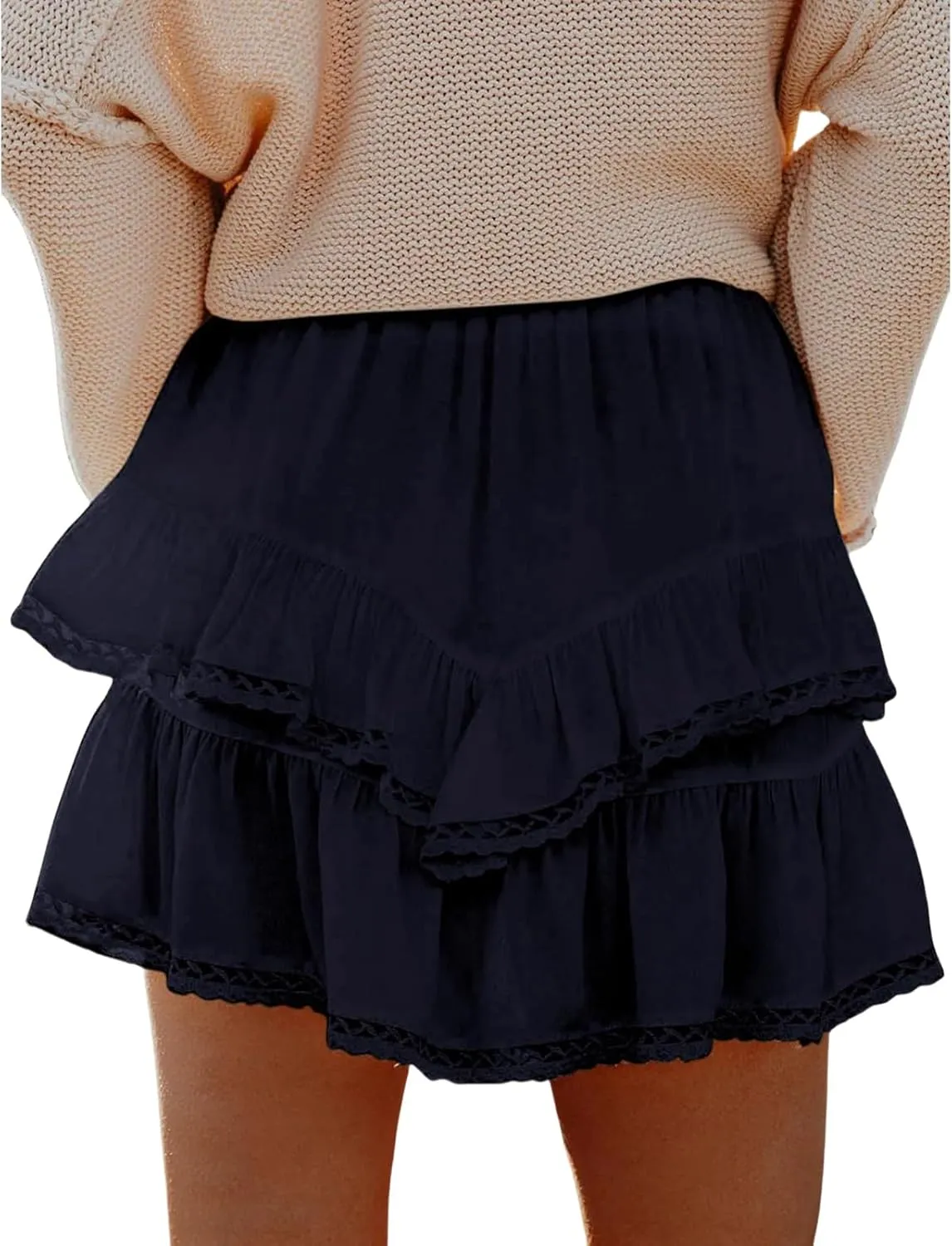 Womens High Waist Ruffle Flowy Mini Skirts Boho Ruffled Tiered Skorts Smocked Waist A Line Short Skirt