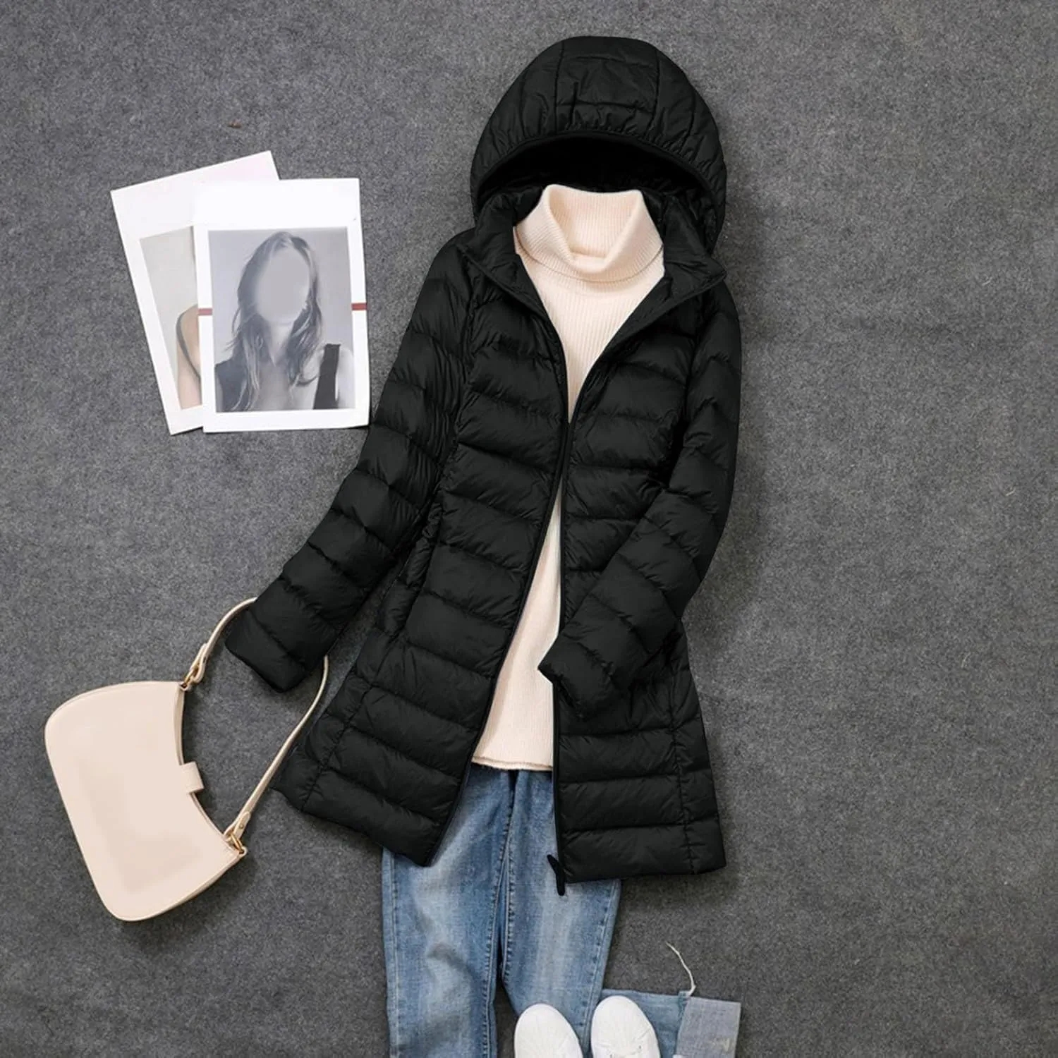 Women's Hooded Warm Winter Coat Lightweight Full-Zip Puffer Warm Quilted Jacket Casual Lapel Long Sleeve Coats