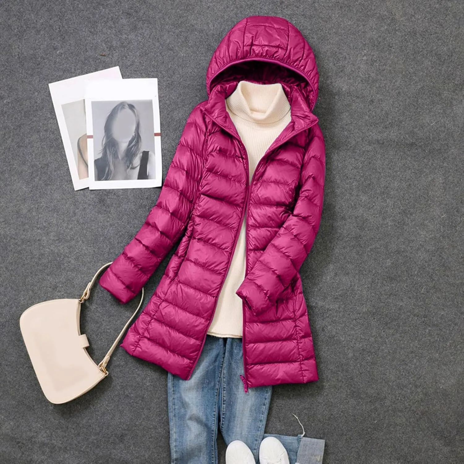 Women's Hooded Warm Winter Coat Lightweight Full-Zip Puffer Warm Quilted Jacket Casual Lapel Long Sleeve Coats