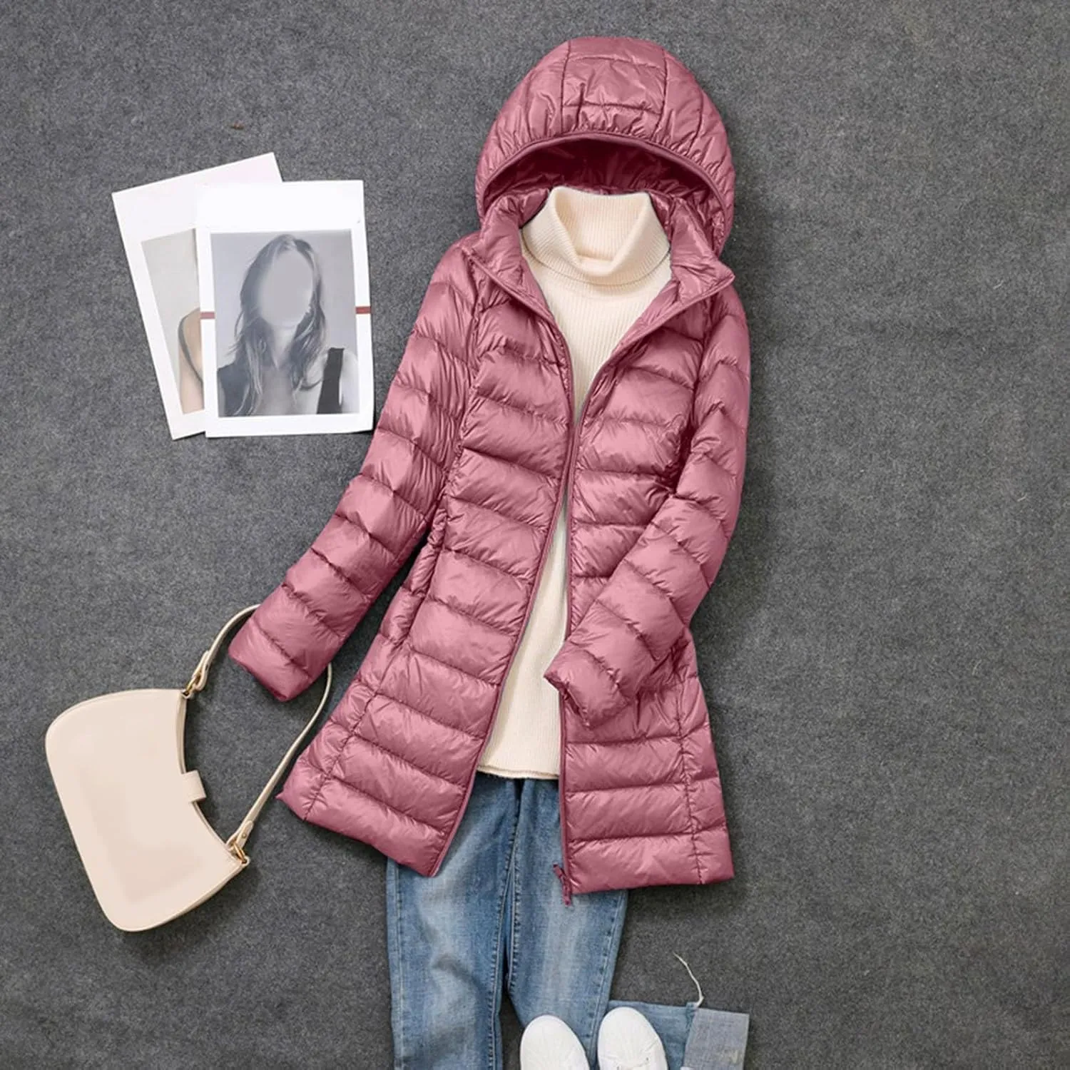 Women's Hooded Warm Winter Coat Lightweight Full-Zip Puffer Warm Quilted Jacket Casual Lapel Long Sleeve Coats