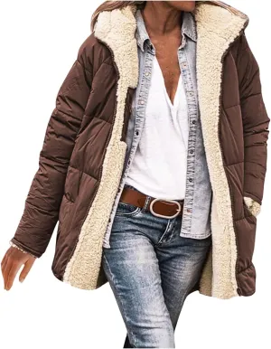Women's Hooded Winter Coat Fleece Hooded Warm Oversized Trendy Jackets Casual Lapel Long Sleeve Coats