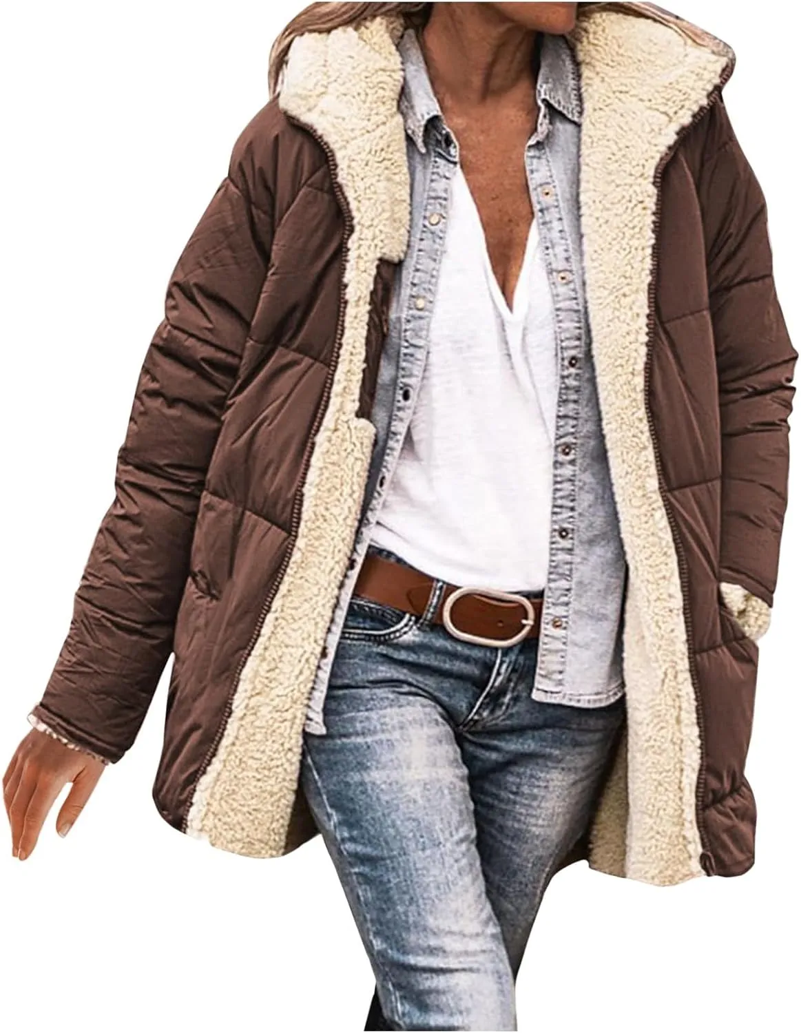 Women's Hooded Winter Coat Fleece Hooded Warm Oversized Trendy Jackets Casual Lapel Long Sleeve Coats