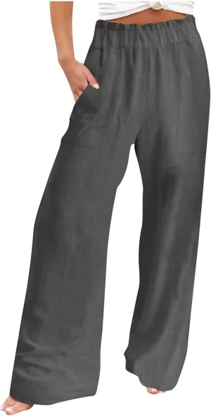 Womens Linen Palazzo Pants with Pockets Wide Leg Summer Bottoms Boho Pants Loose Fit Casual Trousers Lounge