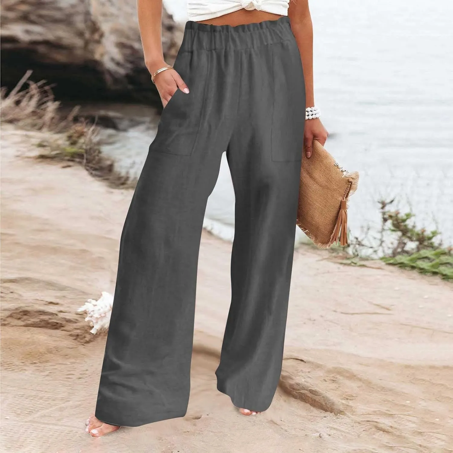 Womens Linen Palazzo Pants with Pockets Wide Leg Summer Bottoms Boho Pants Loose Fit Casual Trousers Lounge