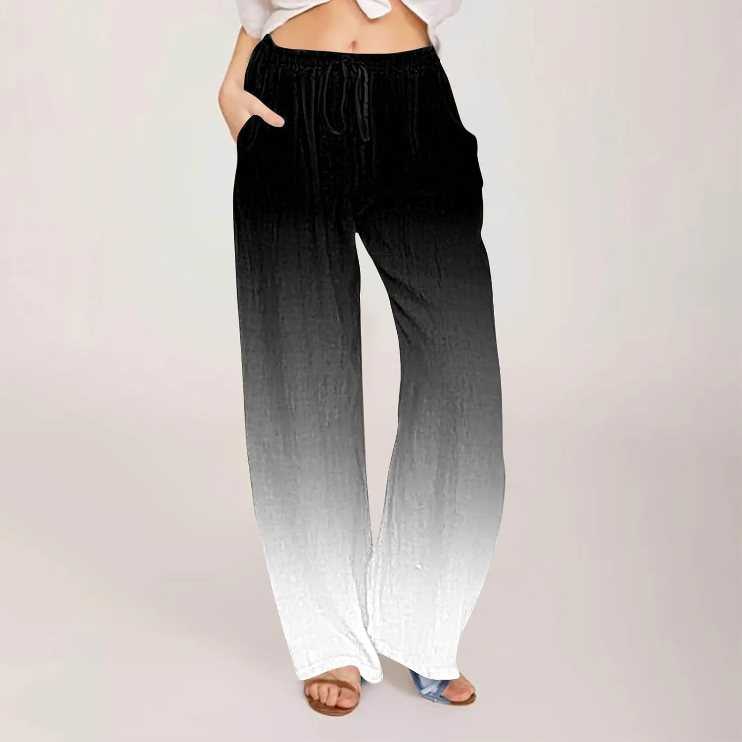Womens Linen Pants with Pockets Gradient Drawstring Loose Fit Summer Palazzo Pants Casual Lightweight Loose Trousers