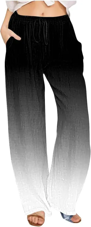 Womens Linen Pants with Pockets Gradient Drawstring Loose Fit Summer Palazzo Pants Casual Lightweight Loose Trousers