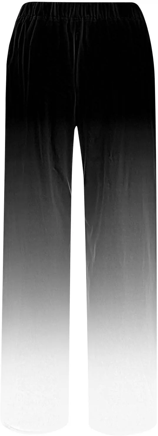 Womens Linen Pants with Pockets Gradient Drawstring Loose Fit Summer Palazzo Pants Casual Lightweight Loose Trousers