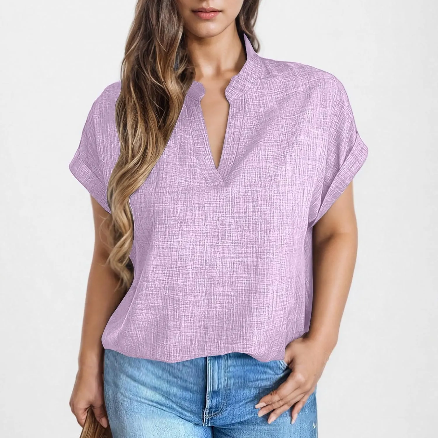 Women's Linen Shirts Short Sleeve Summer Tops V Neck Casual Blouses Loose Fit Tunic Tops Comfy Tshirts Cruise Wear