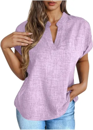Women's Linen Shirts Short Sleeve Summer Tops V Neck Casual Blouses Loose Fit Tunic Tops Comfy Tshirts Cruise Wear