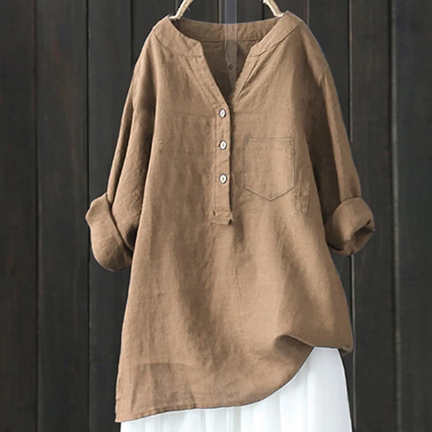 Women's Linen Shirts Summer Cotton Linen Solid Short Sleeve T Shirts Casual Loose Fit Trendy V Neck Blouses