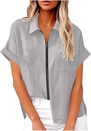 Women's Linen Summer Shirts Zip Up Dressy Casual Tops Collared V Neck Short Sleeve Blouses Trendy Tshirts for Work