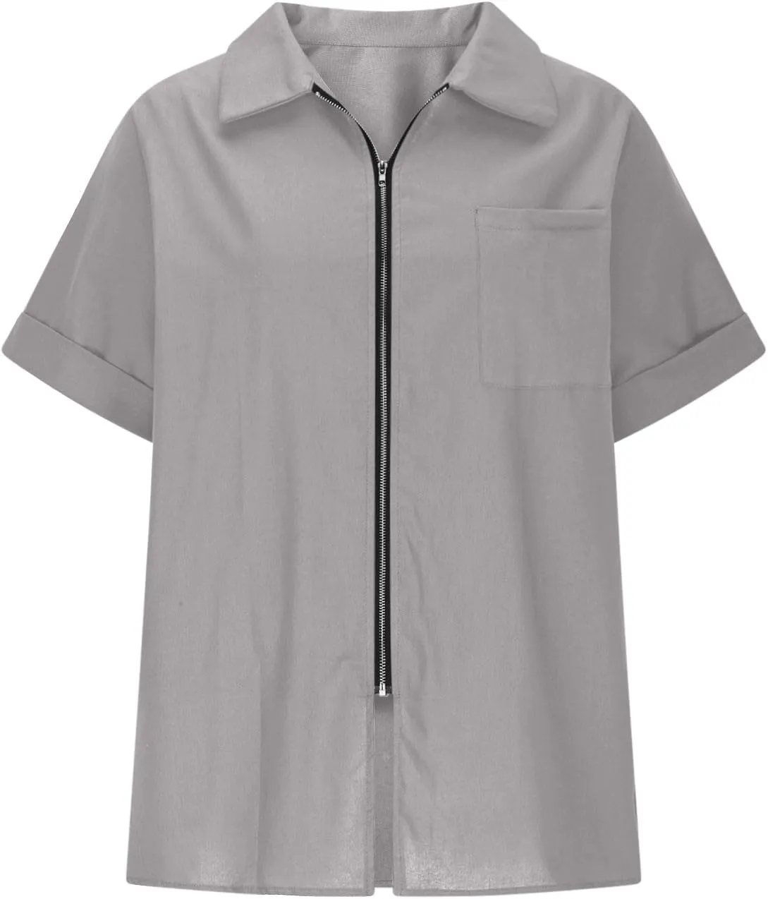 Women's Linen Summer Shirts Zip Up Dressy Casual Tops Collared V Neck Short Sleeve Blouses Trendy Tshirts for Work