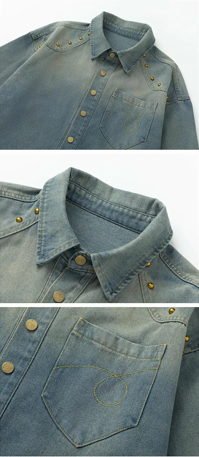 Women's Loose Washed Denim Shirt, Casual Loose Beaded Shirt, Long-Sleeved Vintage Top