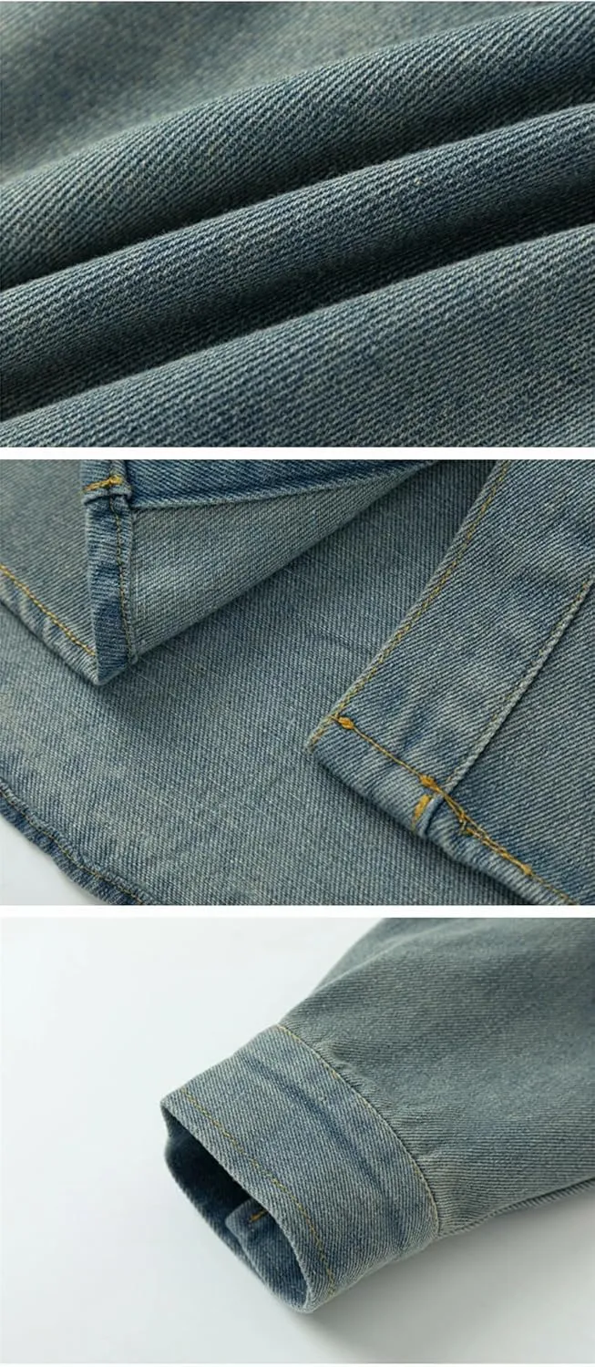Women's Loose Washed Denim Shirt, Casual Loose Beaded Shirt, Long-Sleeved Vintage Top
