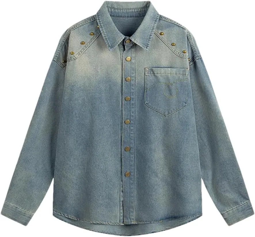Women's Loose Washed Denim Shirt, Casual Loose Beaded Shirt, Long-Sleeved Vintage Top