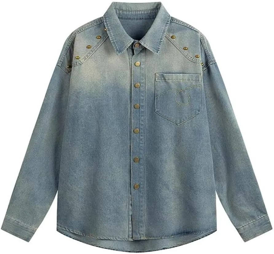 Women's Loose Washed Denim Shirt, Casual Loose Beaded Shirt, Long-Sleeved Vintage Top