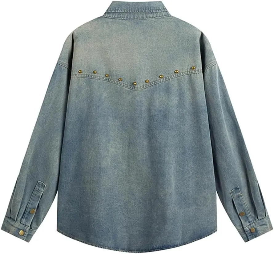 Women's Loose Washed Denim Shirt, Casual Loose Beaded Shirt, Long-Sleeved Vintage Top