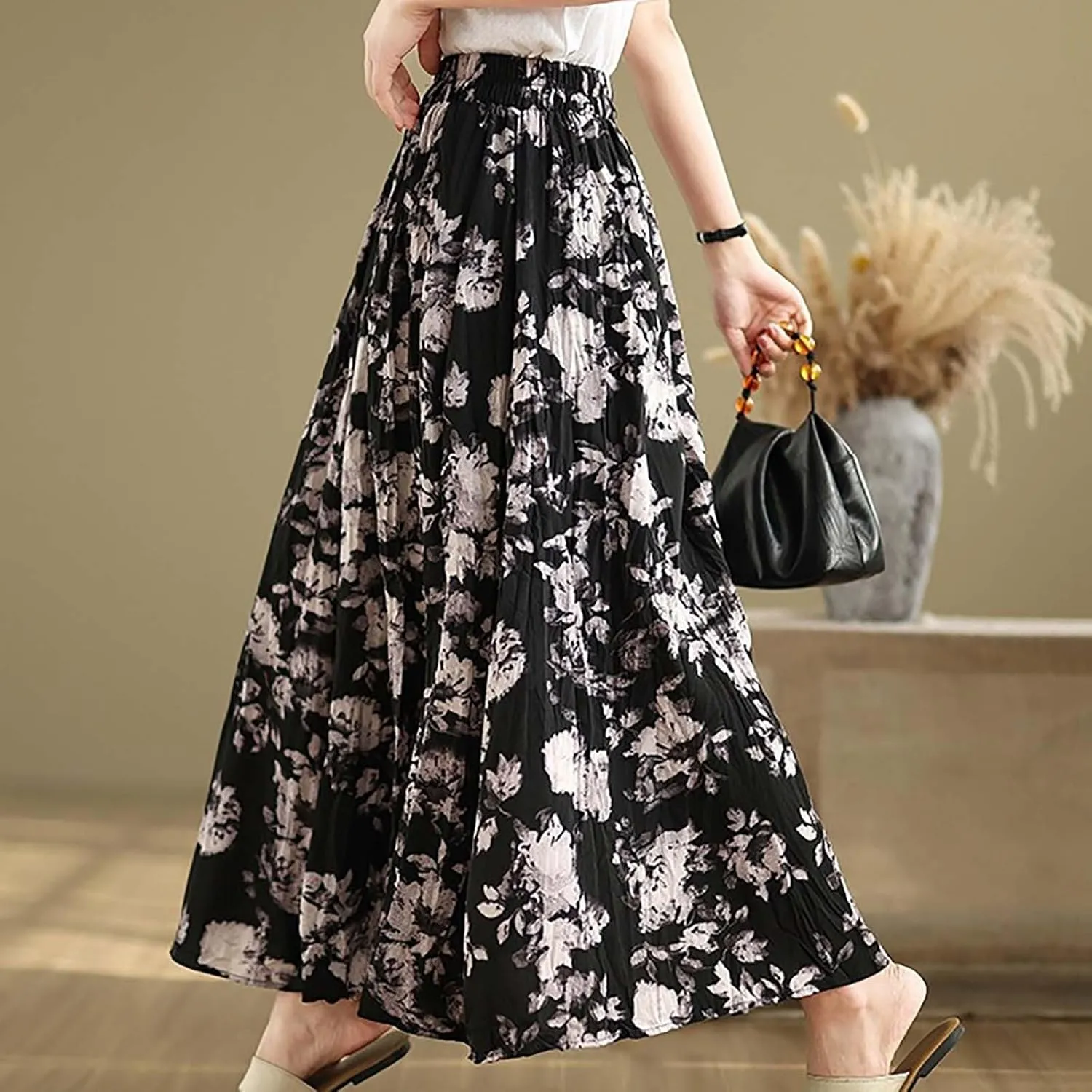 Womens Maxi Skirt Summer Elastic High Waisted Boho Floral Dressy Casual Beach Flowy Swing Long Skirts with Pockets