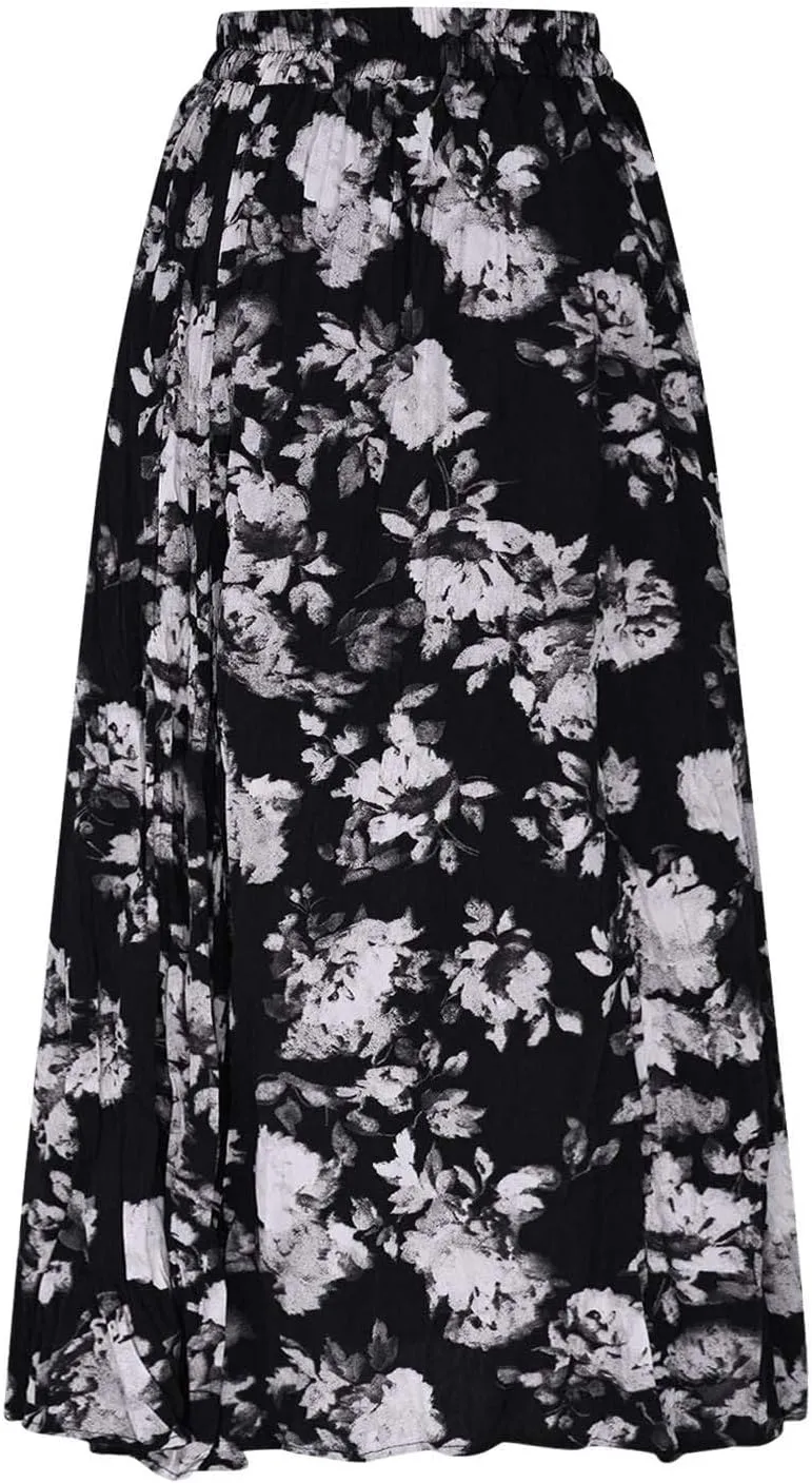 Womens Maxi Skirt Summer Elastic High Waisted Boho Floral Dressy Casual Beach Flowy Swing Long Skirts with Pockets