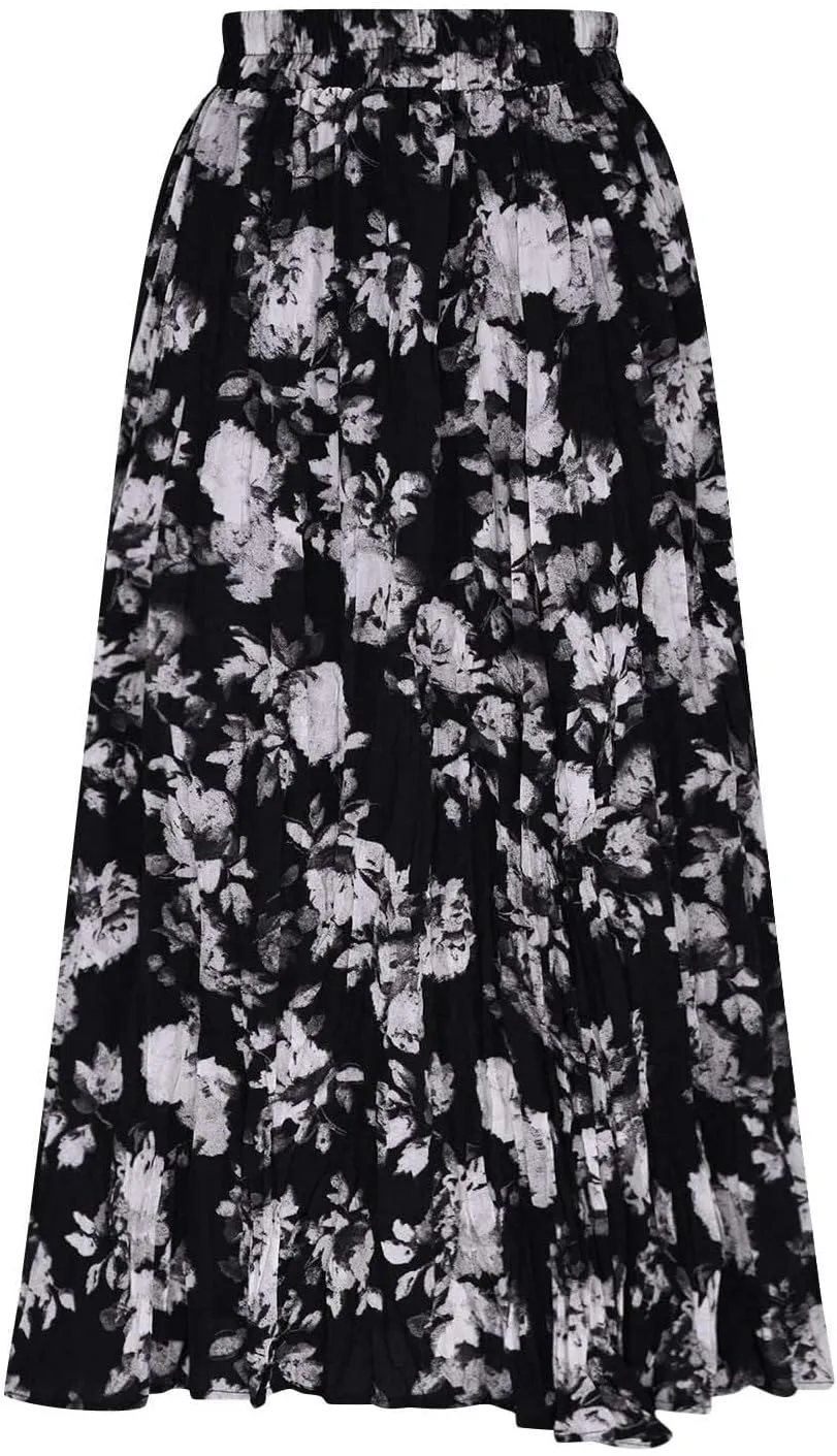 Womens Maxi Skirt Summer Elastic High Waisted Boho Floral Dressy Casual Beach Flowy Swing Long Skirts with Pockets