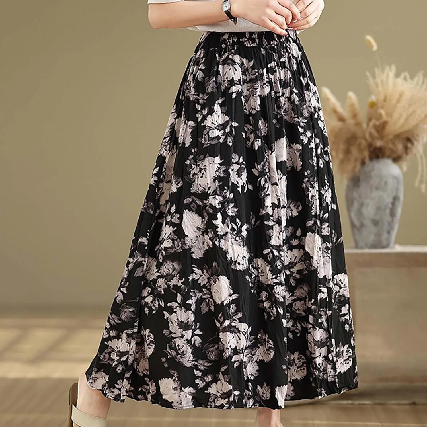 Womens Maxi Skirt Summer Elastic High Waisted Boho Floral Dressy Casual Beach Flowy Swing Long Skirts with Pockets