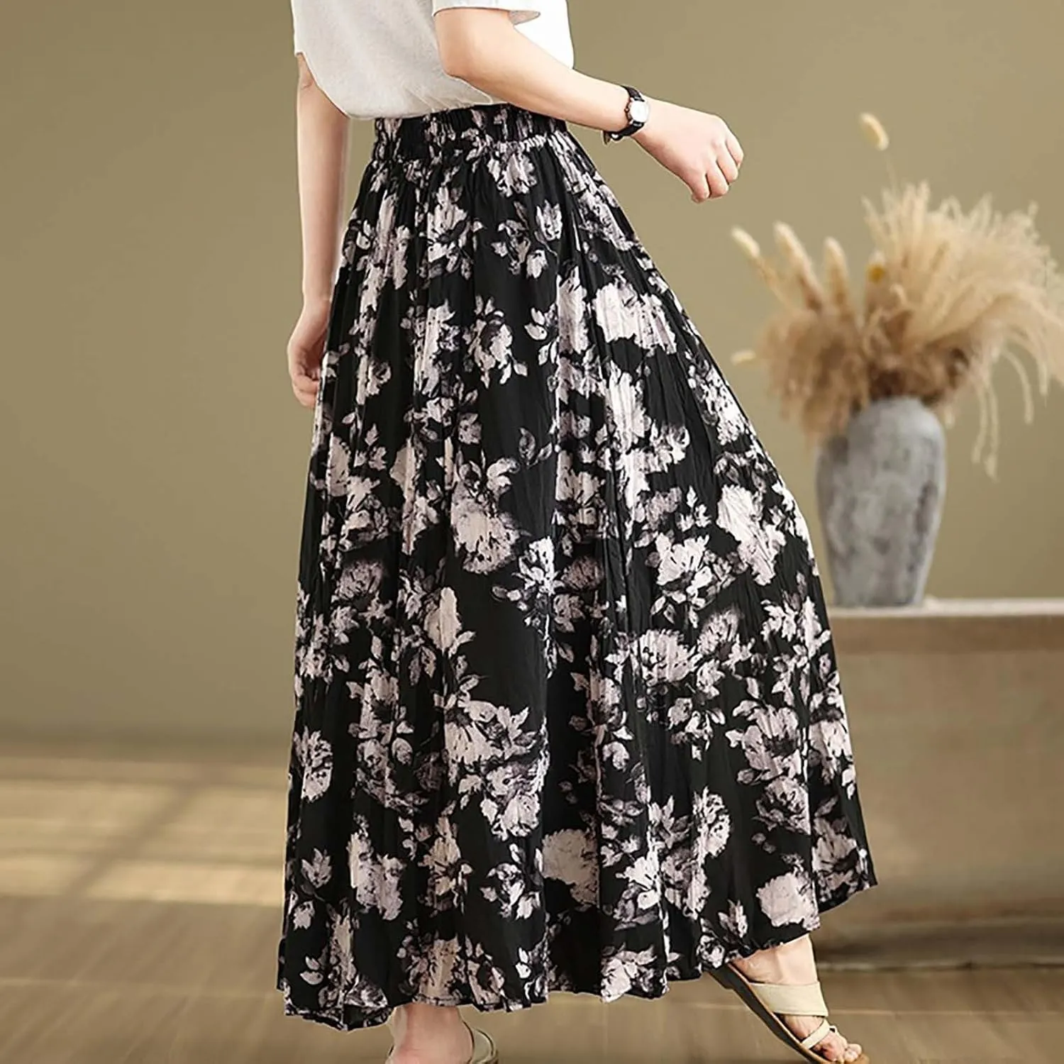 Womens Maxi Skirt Summer Elastic High Waisted Boho Floral Dressy Casual Beach Flowy Swing Long Skirts with Pockets