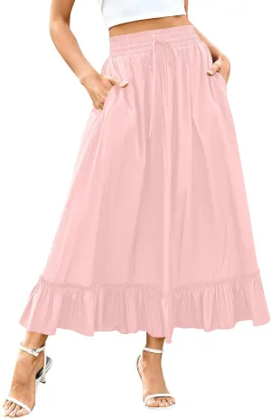 Womens Maxi Skirt Summer Trendy Drawstring Elastic High Waisted Casual Beach Flowy Swing Long Skirts with Pockets