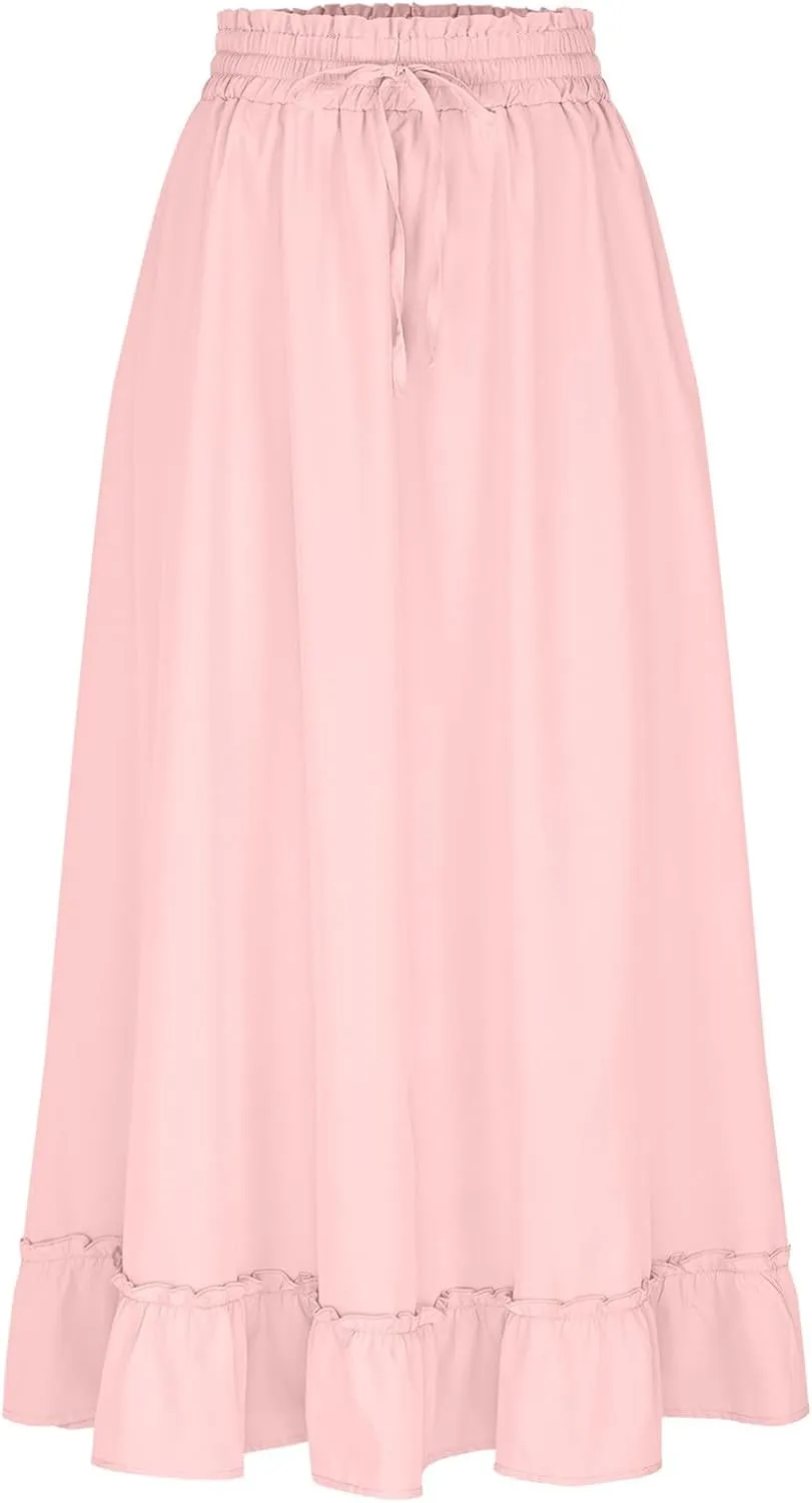 Womens Maxi Skirt Summer Trendy Drawstring Elastic High Waisted Casual Beach Flowy Swing Long Skirts with Pockets