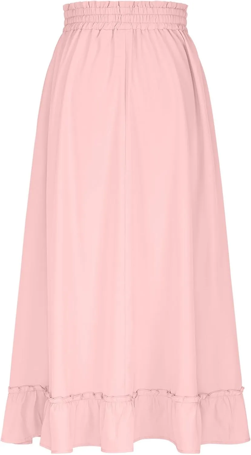 Womens Maxi Skirt Summer Trendy Drawstring Elastic High Waisted Casual Beach Flowy Swing Long Skirts with Pockets
