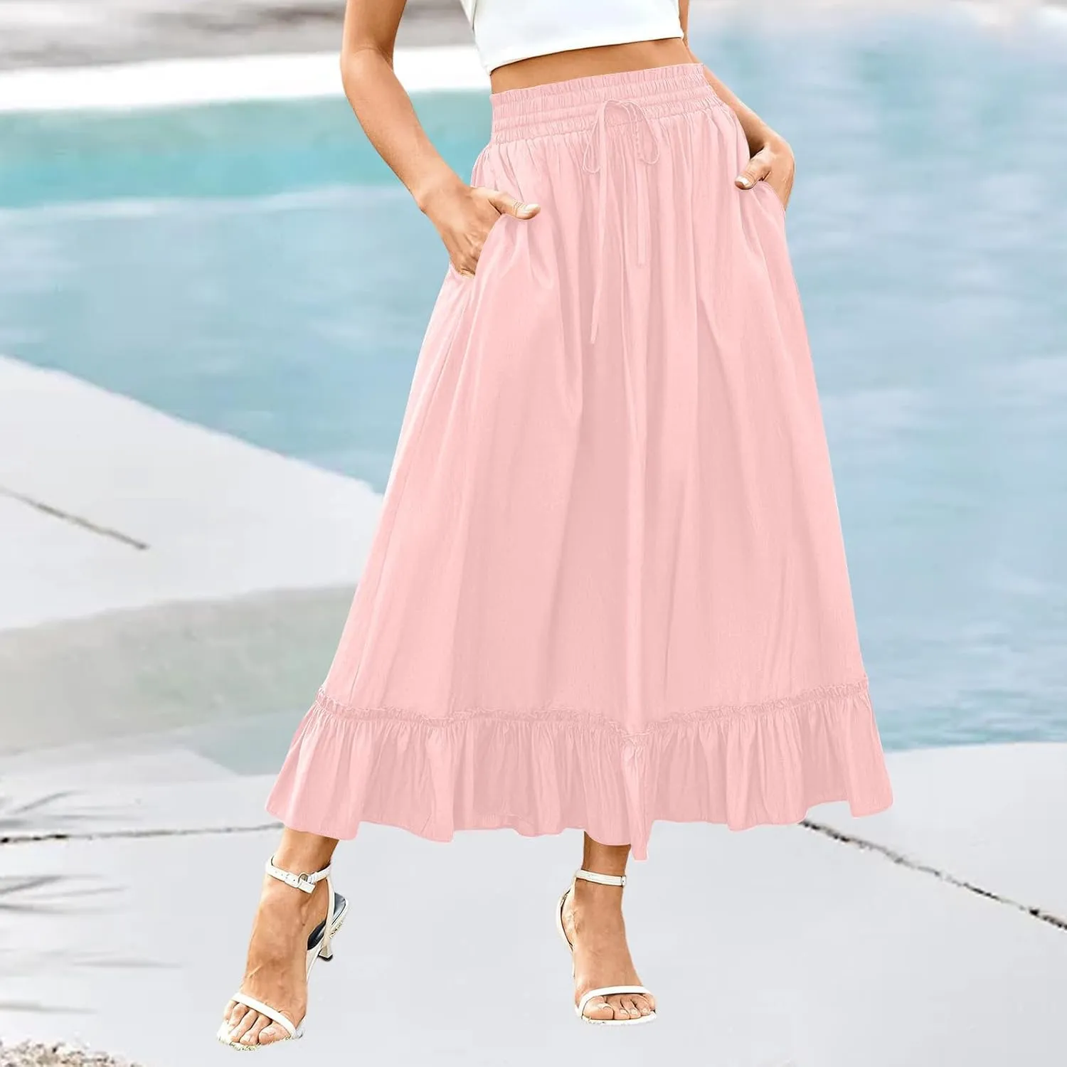Womens Maxi Skirt Summer Trendy Drawstring Elastic High Waisted Casual Beach Flowy Swing Long Skirts with Pockets