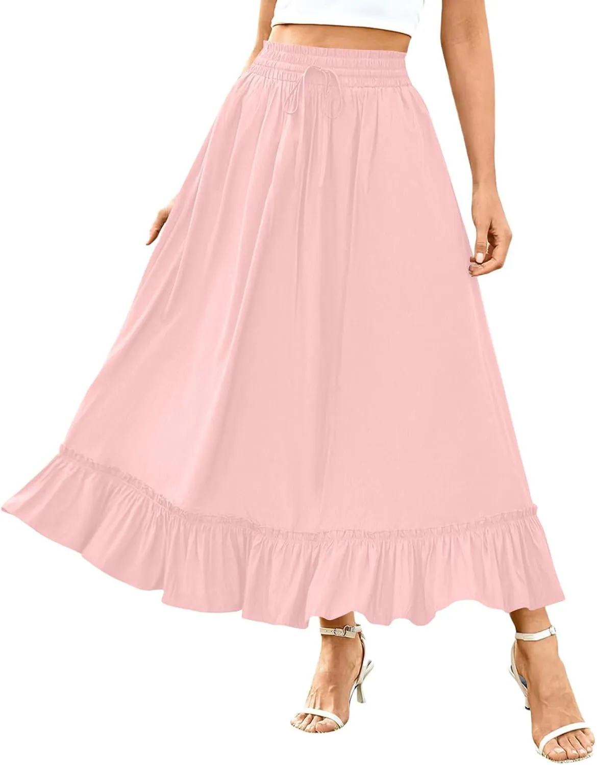 Womens Maxi Skirt Summer Trendy Drawstring Elastic High Waisted Casual Beach Flowy Swing Long Skirts with Pockets