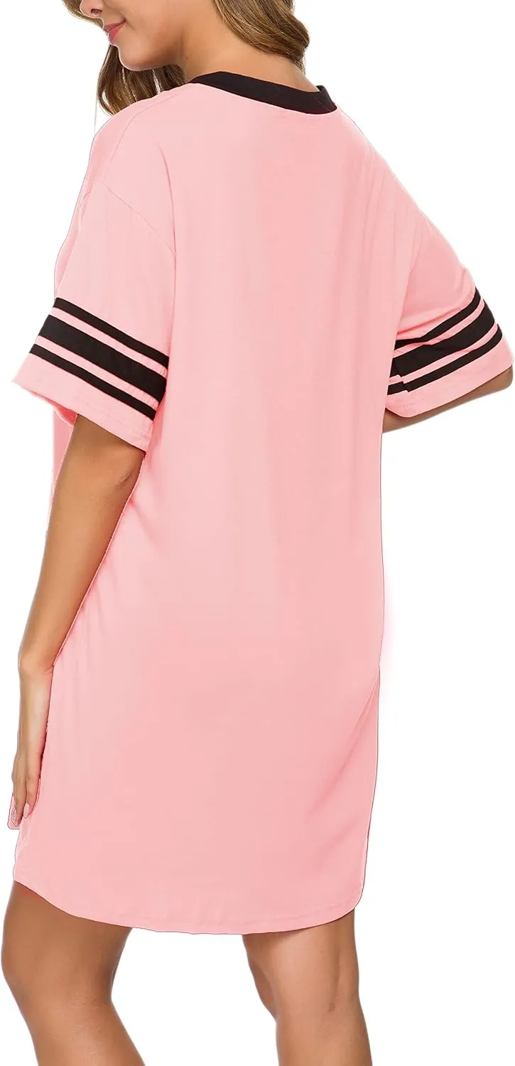 Women's Nightgown Short Sleeve Sleep Shirt V Neck Nightshirts Cotton Loose Comfy Pajamas Dress Casual Sleepwear