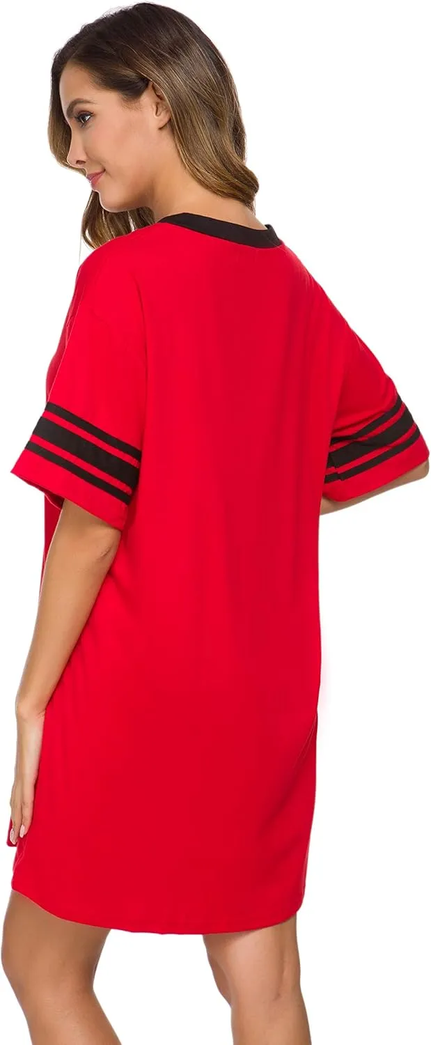 Women's Nightgown Short Sleeve Sleep Shirt V Neck Nightshirts Cotton Loose Comfy Pajamas Dress Casual Sleepwear