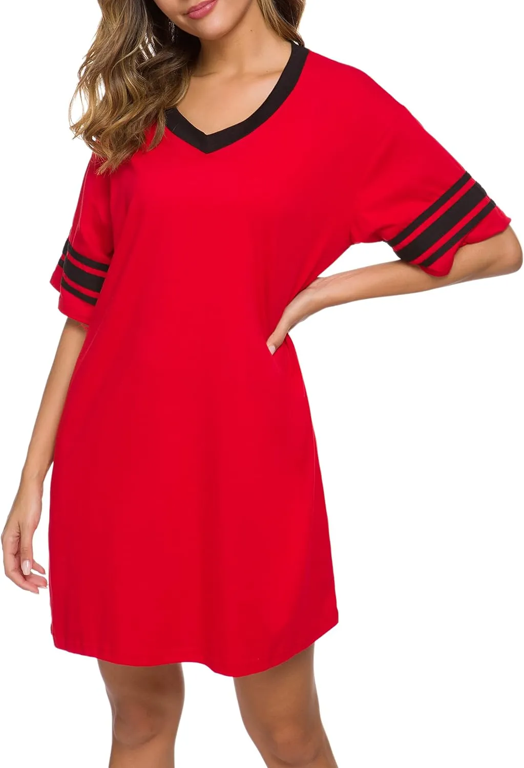 Women's Nightgown Short Sleeve Sleep Shirt V Neck Nightshirts Cotton Loose Comfy Pajamas Dress Casual Sleepwear