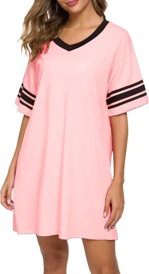Women's Nightgown Short Sleeve Sleep Shirt V Neck Nightshirts Cotton Loose Comfy Pajamas Dress Casual Sleepwear
