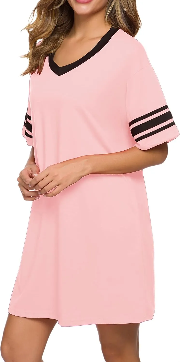 Women's Nightgown Short Sleeve Sleep Shirt V Neck Nightshirts Cotton Loose Comfy Pajamas Dress Casual Sleepwear